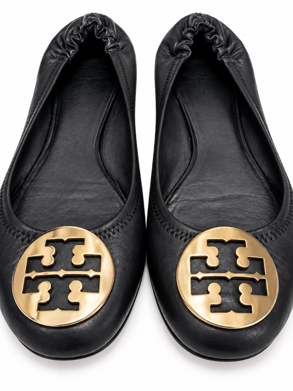 Tory Burch Black Leather Ballet Flats with Gold Logo Medallion size 8.5